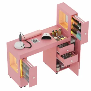 Professional Manicure Table Nail Desk with Dual Display Shelves, Locking Wheels, Wrist Cushion, and Built-in Dust Collector